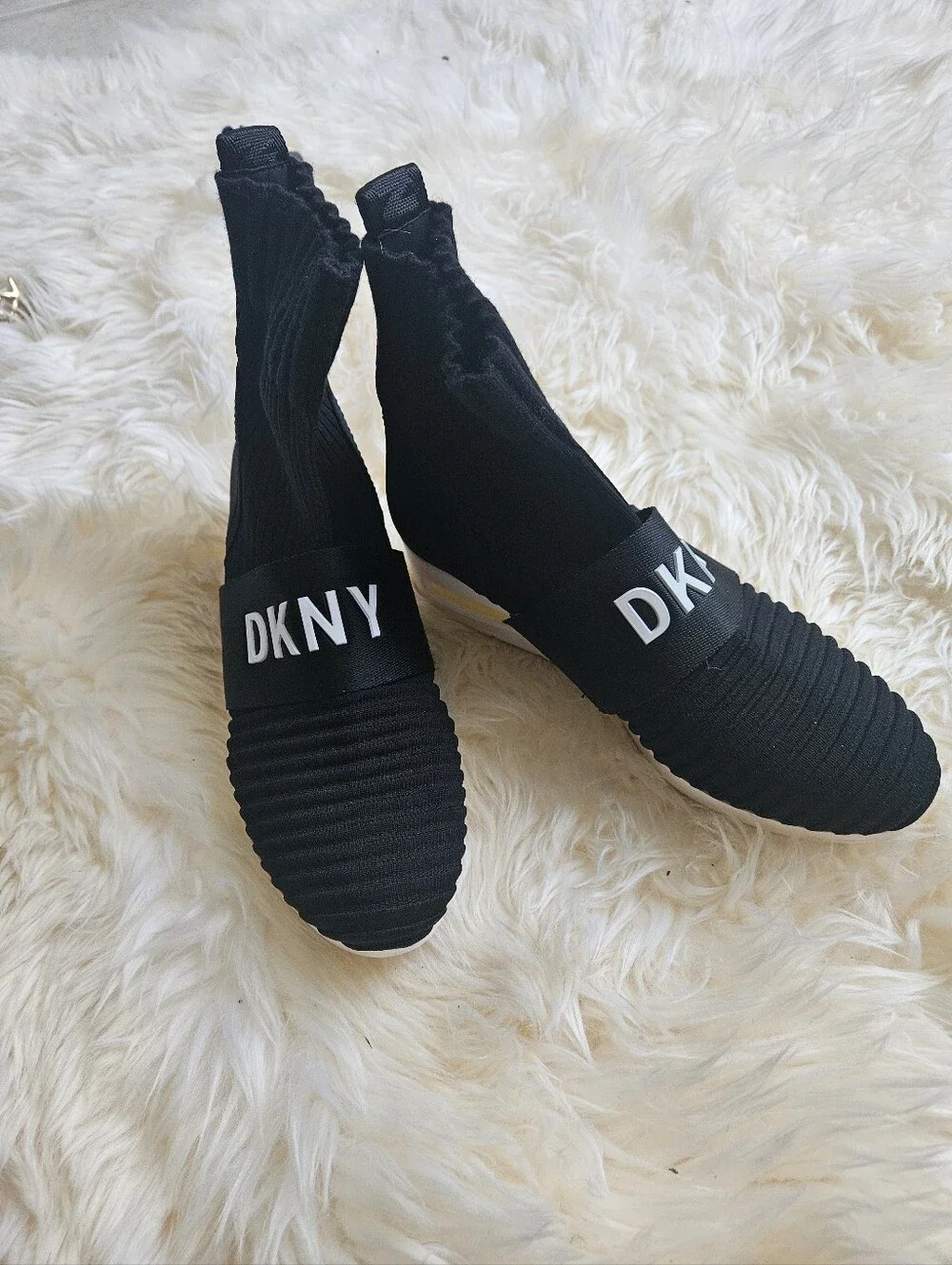 DKNY Black Slip-On Sock Sneakers with White Logo